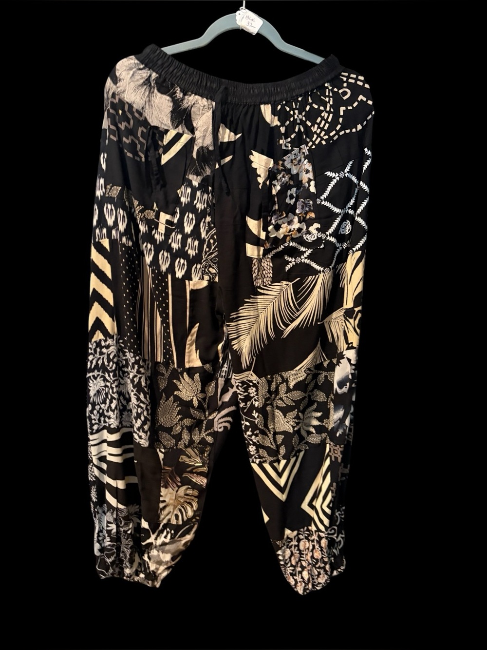 Black #32 NWT 100% rayon patchwork jogger bottom pants